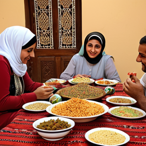 **Prompt:** A festive Iftar meal scene during Ramadan in Egypt. A Coptic family is hosting their Muslim neighbors, sharing traditional Egyptian dishes like ful medames and kushari. The atmosphere is warm and convivial, showcasing the spirit of togetherness and shared traditions. Focus on authentic Egyptian details in the food, clothing, and setting.