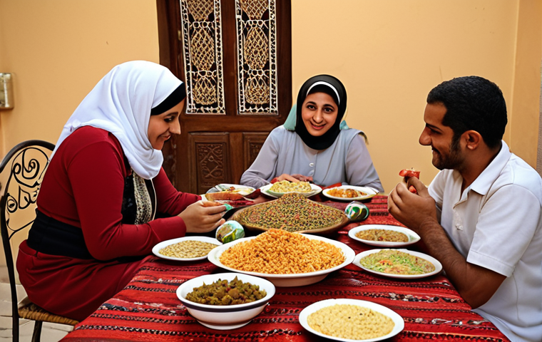 **Prompt:** A festive Iftar meal scene during Ramadan in Egypt. A Coptic family is hosting their Muslim neighbors, sharing traditional Egyptian dishes like ful medames and kushari. The atmosphere is warm and convivial, showcasing the spirit of togetherness and shared traditions. Focus on authentic Egyptian details in the food, clothing, and setting.