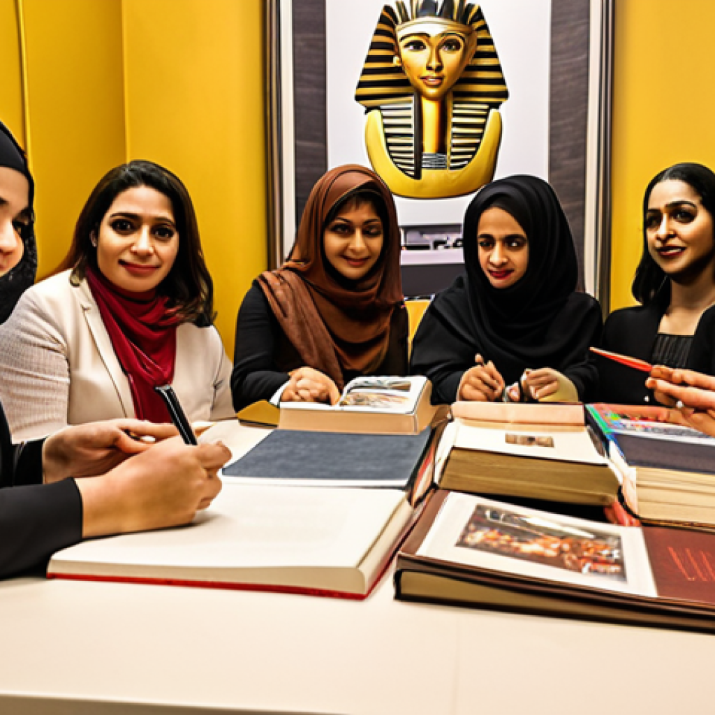 **

"A diverse group of Egyptian women authors at a modern book signing event in Cairo, celebrating the rise of female voices in literature. The scene should be vibrant with warm lighting, showcasing the authors signing books and engaging with readers. Symbolism includes pens as weapons and books representing broken taboos and empowerment."

**