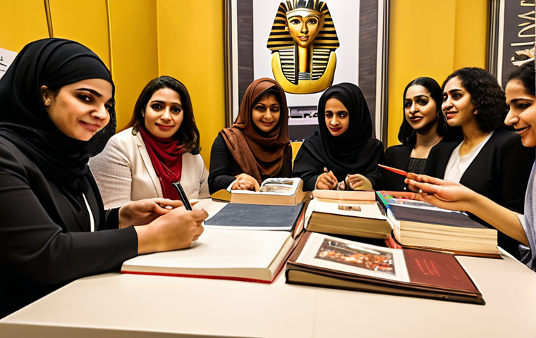 **
"A diverse group of Egyptian women authors at a modern book signing event in Cairo, celebrating the rise of female voices in literature. The scene should be vibrant with warm lighting, showcasing the authors signing books and engaging with readers. Symbolism includes pens as weapons and books representing broken taboos and empowerment."
**