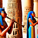 **

Ancient Egyptian musicians performing in a temple. Focus on traditional instruments like harps, flutes, and drums. Depict the scene with detailed carvings and vibrant colors reminiscent of Luxor.

**