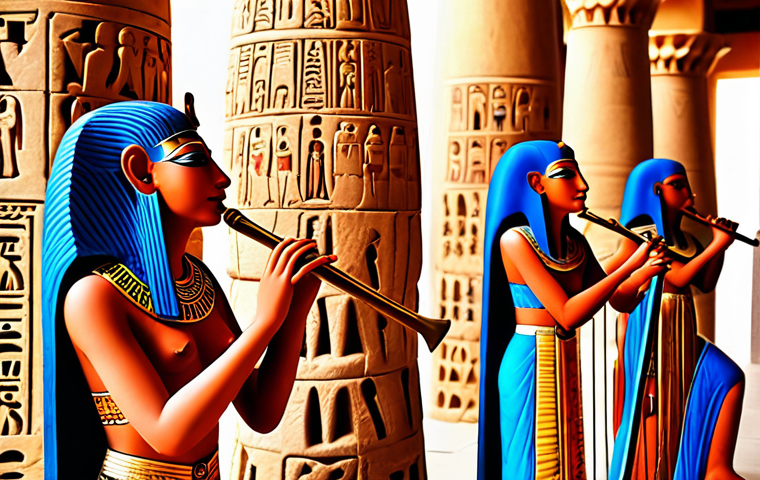 **
Ancient Egyptian musicians performing in a temple. Focus on traditional instruments like harps, flutes, and drums. Depict the scene with detailed carvings and vibrant colors reminiscent of Luxor.
**