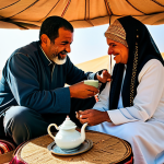 A warm, authentic image depicting a kind, middle-aged Egyptian man, wearing modest traditional attire, sharing a cup of mint tea with a respectfully dressed female traveler. They are seated in a cozy, traditionally decorated Bedouin tent, filled with warm, inviting light. A small, ornate teapot and simple tea glasses are visible on a low table, emphasizing the gesture of sharing and connection. The scene embodies genuine hospitality and cultural exchange. Perfect anatomy, correct proportions, natural pose, well-formed hands, proper finger count, natural body proportions. Professional photography, high quality, safe for work, appropriate content, fully clothed, modest clothing, family-friendly.