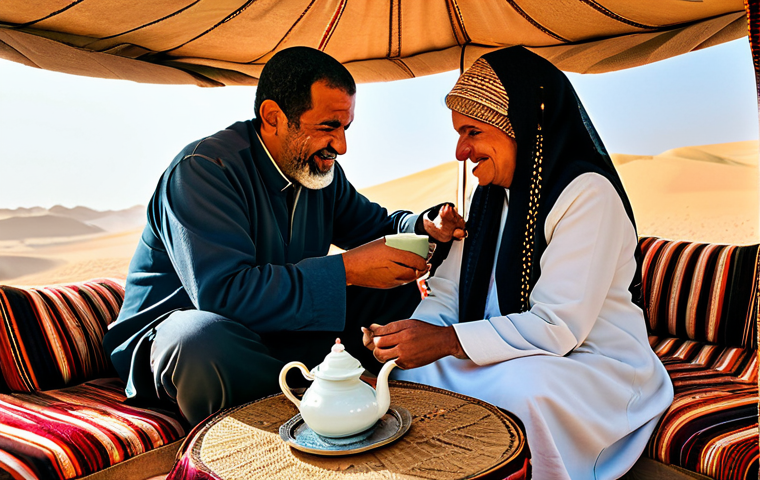 A warm, authentic image depicting a kind, middle-aged Egyptian man, wearing modest traditional attire, sharing a cup of mint tea with a respectfully dressed female traveler. They are seated in a cozy, traditionally decorated Bedouin tent, filled with warm, inviting light. A small, ornate teapot and simple tea glasses are visible on a low table, emphasizing the gesture of sharing and connection. The scene embodies genuine hospitality and cultural exchange. Perfect anatomy, correct proportions, natural pose, well-formed hands, proper finger count, natural body proportions. Professional photography, high quality, safe for work, appropriate content, fully clothed, modest clothing, family-friendly.